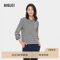 AIGLE艾高2023年早秋新品女士純棉親膚條紋休閒經典圓領七分袖T恤