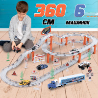 Гоночный трек скоростной WiMi, парковка многоуровневая длиной 360 см, машинки металлические 6 штук в наборе, скоростной спуск для мальчиков