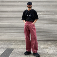 蕉藍地新款ins百搭四季玫紅色寬鬆廓形百搭直筒闊腿休閒牛仔褲