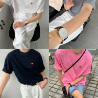 JH HOMME春夏小眾日系刺繡重磅純色愛心字母圓領短袖男士T恤上衣