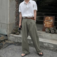 純色休閒直筒褲男士夏季日系復古個性痞帥長褲小眾垂感寬鬆闊腿褲