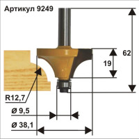 Фреза кромочная калевочная (38.1х19 мм; R 12.7 мм; хвостовик 8 мм) по дереву Энкор (9249)