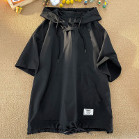 純黑色衝鋒衣短袖男夏季設計感美式機能冰絲連帽T恤大口袋七分袖