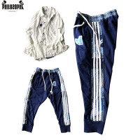 CHAUNK原創暗黑GREG美式復古古董布拼接三條槓收腳口 休閒長衛褲