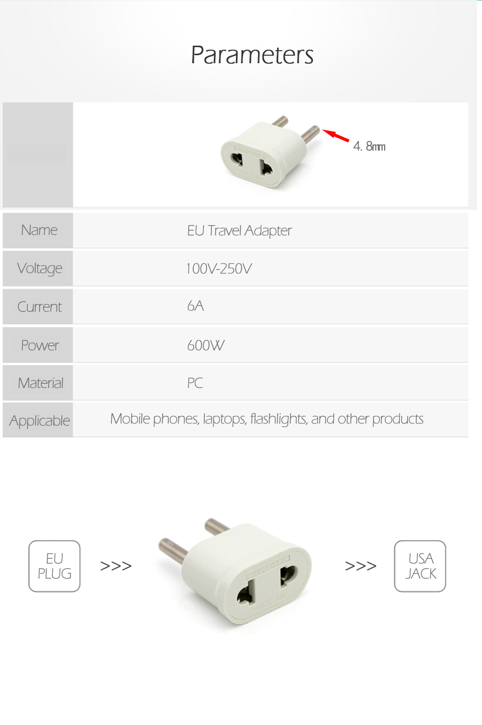 EU Adapter Plug USA to Euro Europe Travel Wall Electrical Power Charge Outlet Sockets US China to EU 2 Round Pin Plug Socket (2)