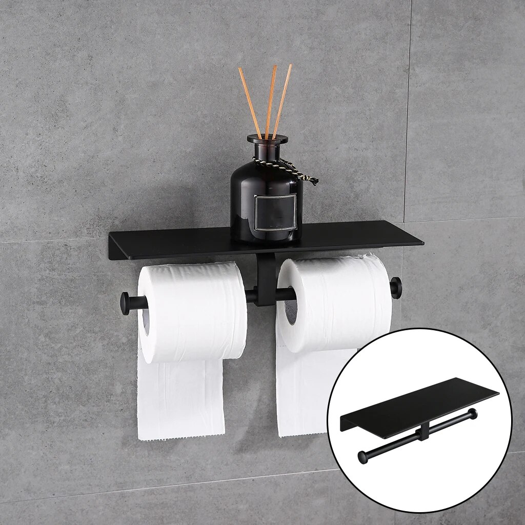 Space Aluminum Black Paint Double Paper Holder Wall Mounted Bathroom Accessories Phone Rack Toilet Shelf Roll holder