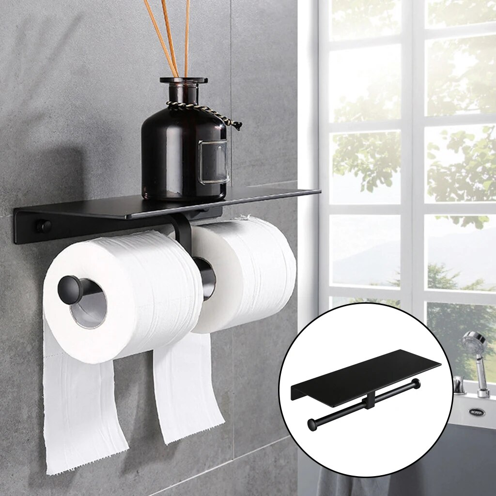 Space Aluminum Black Paint Double Paper Holder Wall Mounted Bathroom Accessories Phone Rack Toilet Shelf Roll holder