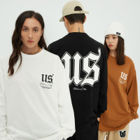 US聯邦街牌秋冬美式街頭滑板街舞嘻哈潮寬鬆哥特字體印花長袖T桖