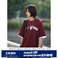 你初戀老王 酒紅色簡約短袖t恤男情侶300g重假兩件少年感日系男裝