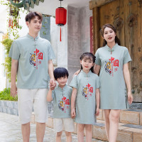 2023新款中国风亲子装夏装一家三口短袖套装母女童连衣裙旗袍国潮