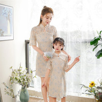 亲子装夏装母女装旗袍连衣裙2023新款高端蕾丝旗袍大袖女童连衣裙