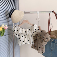 女童装法式荷叶边一字肩夏季小众气质短袖波点上衣牛仔半裙两件套