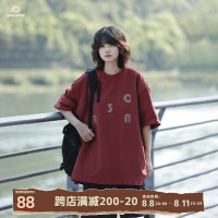 阿於呆 日系復古字母印花落肩T恤圓領寬鬆休閒情侶百搭純棉短袖男