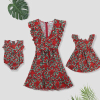 跨境22春秋新品亚马逊爆款欧美女装碎花V领连衣裙独立站亲子童装