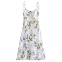 欧美2023法式复古碎花印花高腰性感侧开叉下摆吊带连衣裙3918