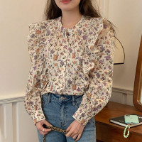 韩国chic春季复古百搭圆领满屏碎花拼接荷叶边宽松长袖衬衫上衣女