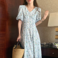 韩国chic夏季法式复古V领立体提花收腰显瘦泡泡袖碎花连衣裙长裙
