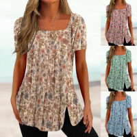 亚马逊独立站欧美女装2023夏季新款方领短袖碎花开叉T恤上衣女装