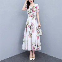 长款波西米亚雪纺连衣裙夏季女装2023年新款胖mm遮肚子碎花沙滩裙
