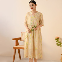 棉麻女装2023春夏季新款苎麻碎花连衣裙女收腰显瘦新中式复古长裙