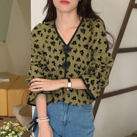 韩国chic春季法式复古V领立体植绒碎花设计褶皱感喇叭袖衬衫上衣