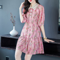 48748春夏季女装粉色碎花桑蚕丝娃娃裙子减龄翻领泡泡袖真丝连衣