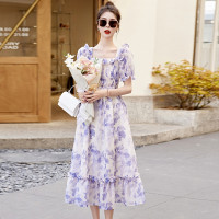 水墨雪纺碎花泡泡袖连衣裙女中长款夏2023新款法式很仙过膝字长裙