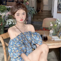 矮小个子时尚套装夏一字肩收腰连衣裤裙短款碎花连体裤休闲两件套