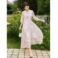 法式真丝碎花连衣裙女2023夏季新款温柔风高腰显瘦海边度假长裙子