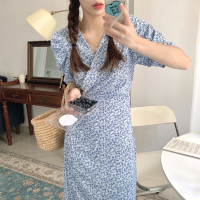 韩国chic夏季法式小众V领满屏碎花一片式系带收腰泡泡袖连衣裙女