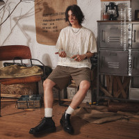 日系復古小眾設計感鏤空破洞短袖T恤男夏季潮牌純色休閒半袖T恤