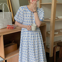 韩国chic夏季法式小众圆领满屏碎花褶皱收腰显瘦泡泡袖连衣裙女