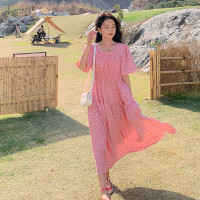 实拍2023碎花泡泡短袖裙子夏季款收腰显瘦韩系甜美粉色连衣裙女装