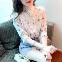 甜美木耳边碎花短袖雪纺衫衬衣女2023夏早秋季立领显瘦百搭洋气女