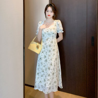 实拍夏季新款法式茶歇裙复古绿色碎花连衣裙泡泡袖雪纺a字裙子女