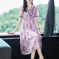 46720深圳南油高端女装优雅气质桑蚕丝裙子紫色碎花真丝连衣裙