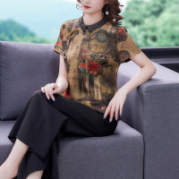 时尚休闲套装女2023夏季新款圆领拼接碎花显瘦上衣阔腿裤两件套潮