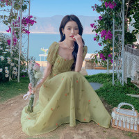 实拍法式复古碎花长裙褶皱纹理方领短袖绿色高腰显瘦设计感连衣裙