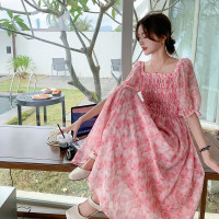 实拍木耳边拼接方领抽褶打揽设计高腰显瘦温柔浪漫粉色碎花连衣裙