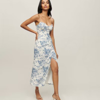 欧美2023法式复古碎花小鸟印花度假风性感开叉吊带连衣裙3919