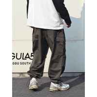 Sigbreak日系大口袋工裝寬鬆抽繩直筒休閒褲純色CHINO褲長褲男