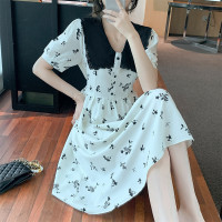 2023夏季新款韩系撞色娃娃领过膝中长裙子收腰显瘦气质碎花连衣裙