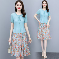 碎花雪纺短袖连衣裙夏2023年新款时尚气质洋气短袖假两件裙子夏