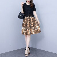 碎花连衣裙女2023夏季新款时尚气质胖MM遮肚显瘦蕾丝印花假两件