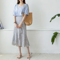 2023春夏新品大码女装简约甜美淑女碎花荷叶边不规则下摆半身裙
