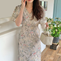 韩国chic夏季法式温柔V领立体感碎花绑带收腰显瘦泡泡袖连衣裙女