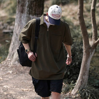 oversize日系軍綠色工裝襯衫短袖t恤男夏Polo衫潮牌潮流300g重磅