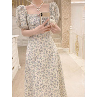 复古设计感雪纺开叉碎花连衣裙女夏季淑女风方领短袖气质收腰长裙