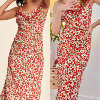 法式连衣裙RO2023新款田园碎花人丝印花荷叶边修身吊带裙女31283