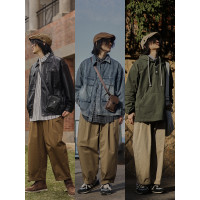 危機青年日系錐形休閒褲子男寬鬆廓形闊腿復古春秋直筒純色長褲潮